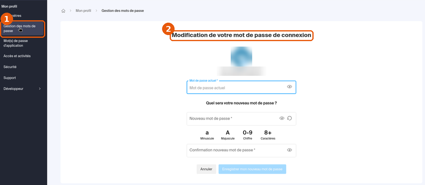 Formulaire Modification de votre mot de passe de connexion dans Mon profil