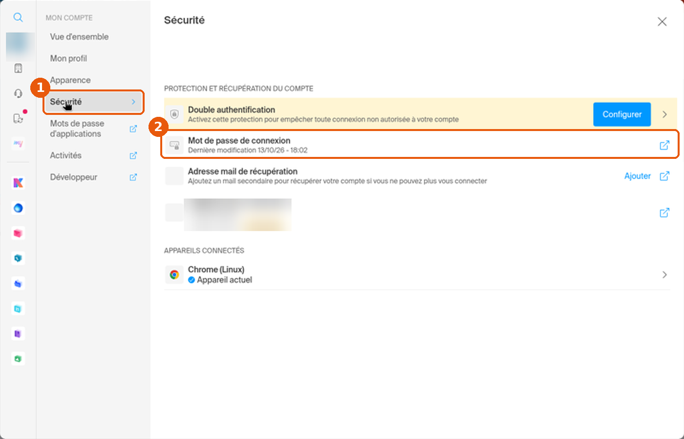 Fenêtre Mon compte, rubrique Sécurité, avec la ligne Mot de passe de connexion