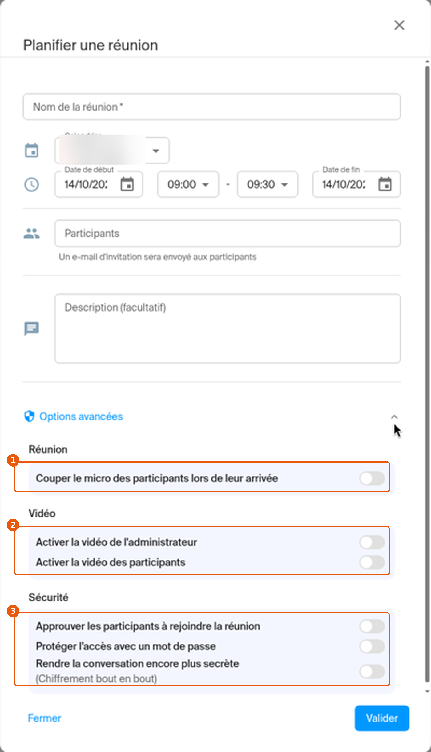 Options avancées de Planifier une réunion : micro coupé à l'arrivée, vidéo, approbation des participants