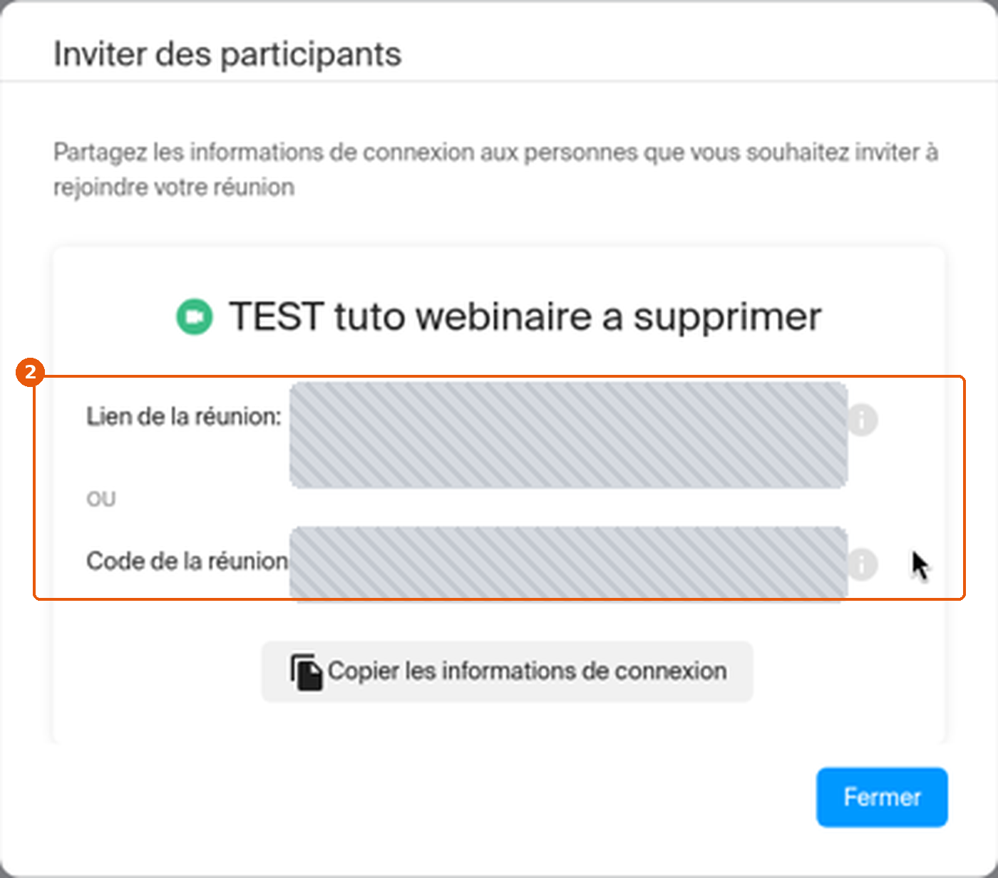 Fenêtre Inviter des participants avec le lien et le code masqués