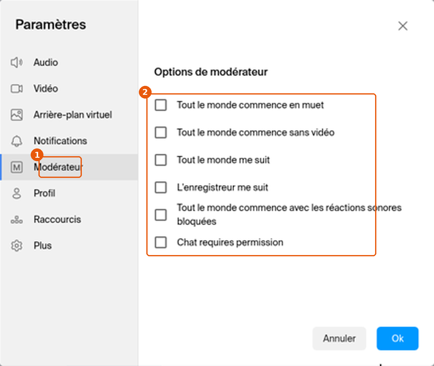 Paramètres, onglet Modérateur, avec la liste des Options de modérateur