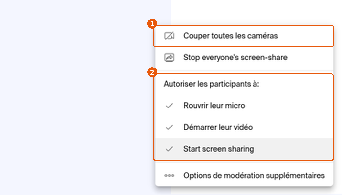 Options de modération supplémentaires : Couper toutes les caméras et autorisations des participants