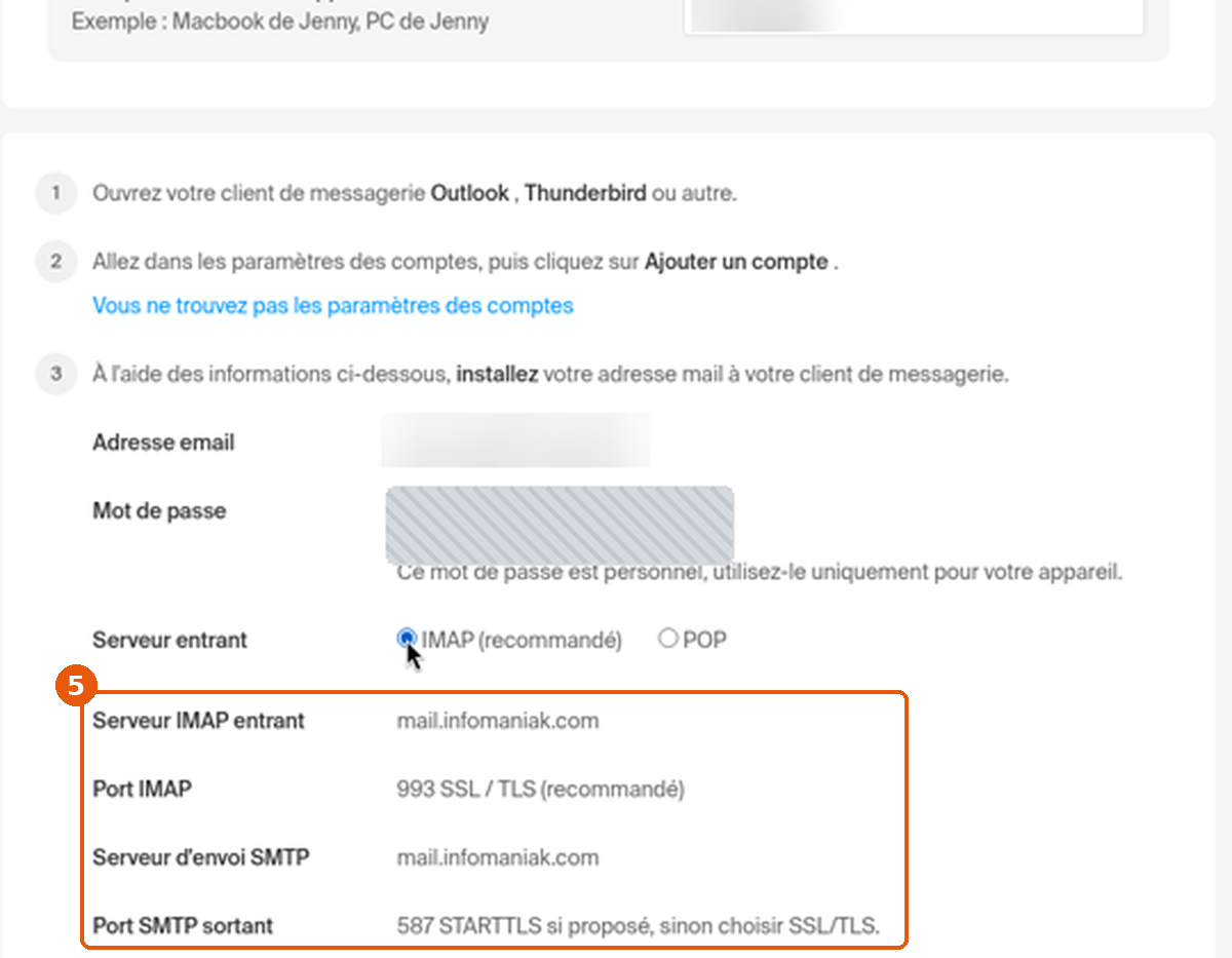 Valeurs IMAP et SMTP affichées par l'assistant encadrées