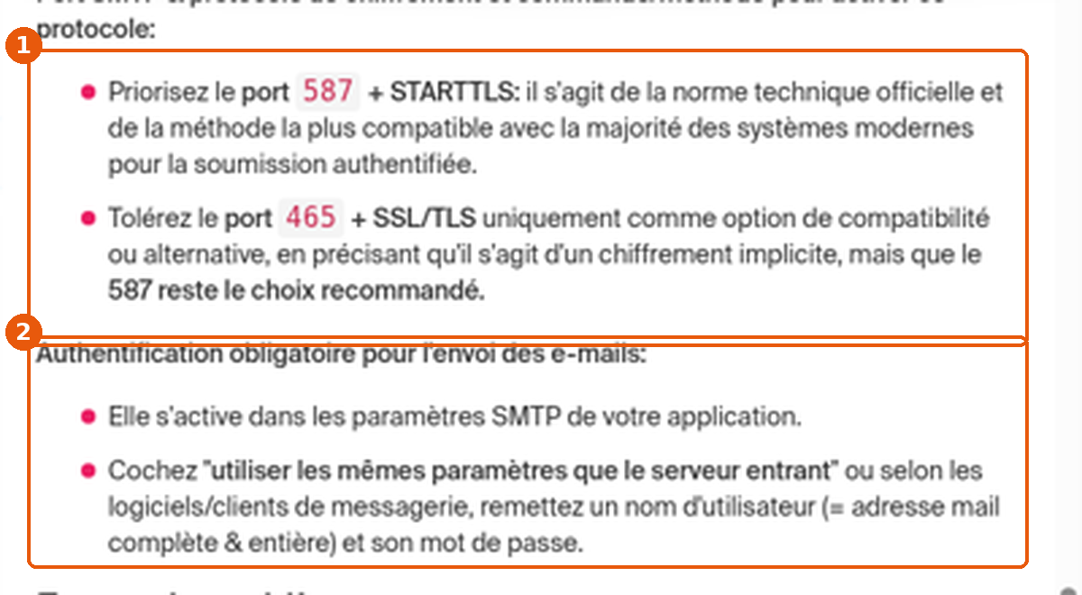 Recommandations de port SMTP et authentification obligatoire encadrées