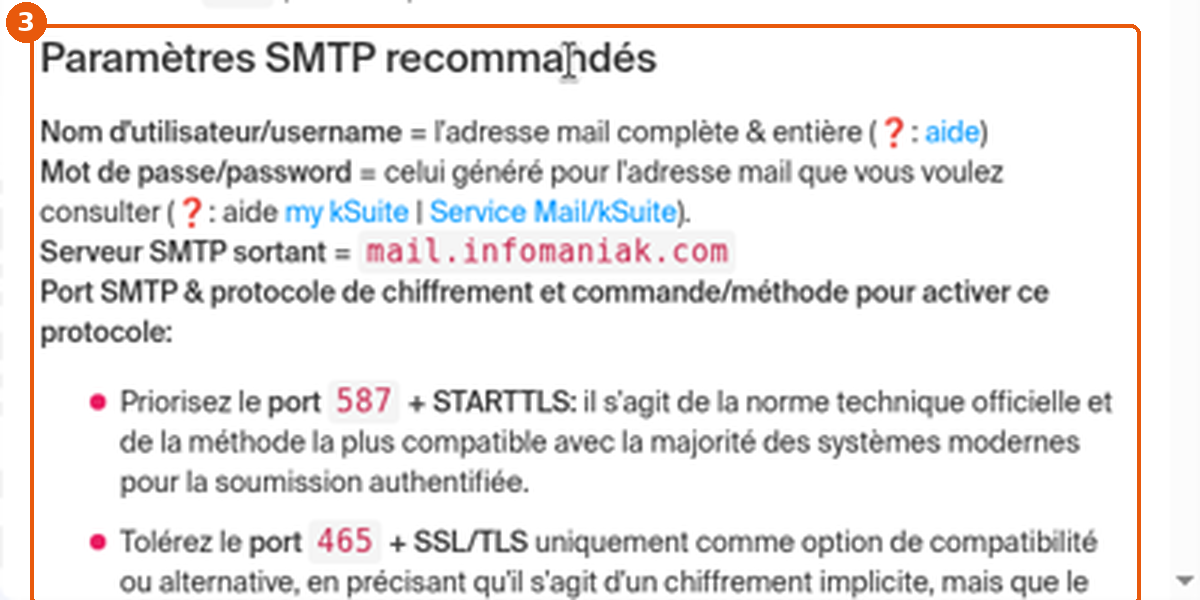 Section Paramètres SMTP recommandés encadrée