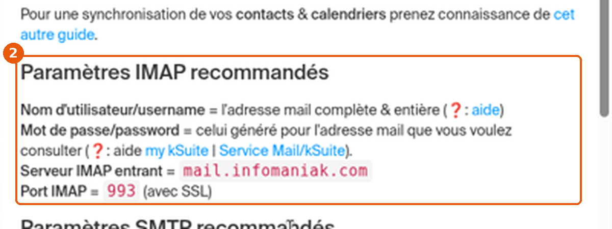 Section Paramètres IMAP recommandés encadrée