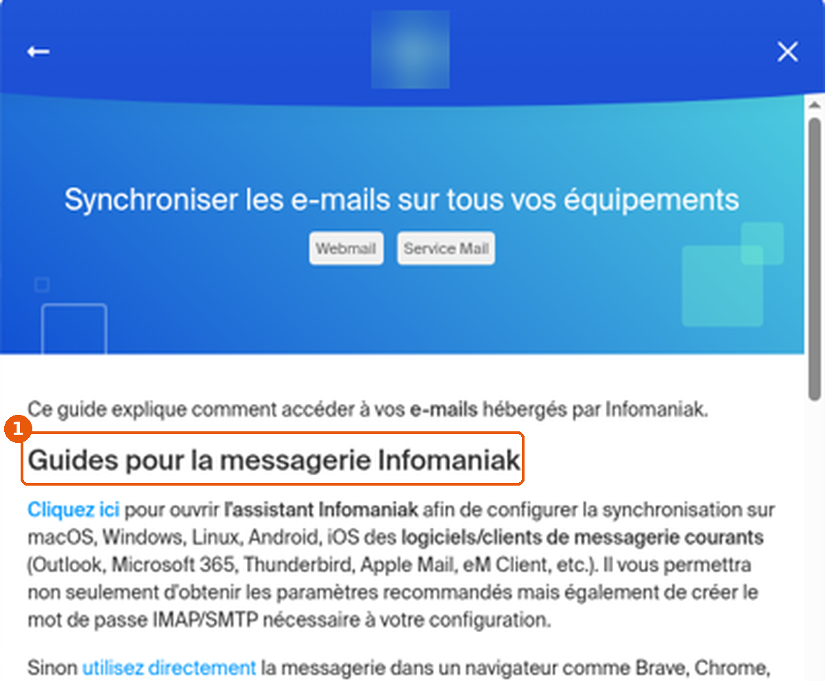 Panneau d'aide Synchroniser les e-mails avec la section Guides pour la messagerie encadrée