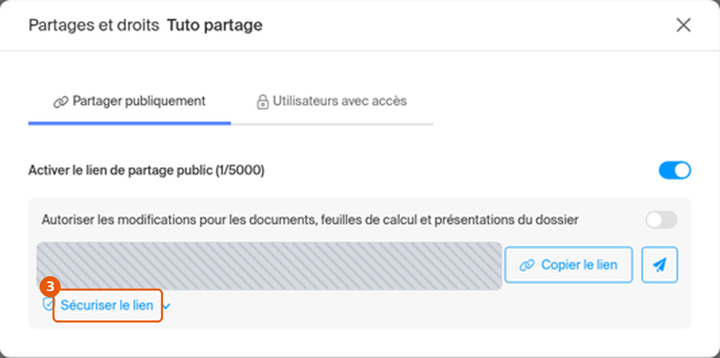Lien public activé, bouton Copier le lien et lien Sécuriser le lien
