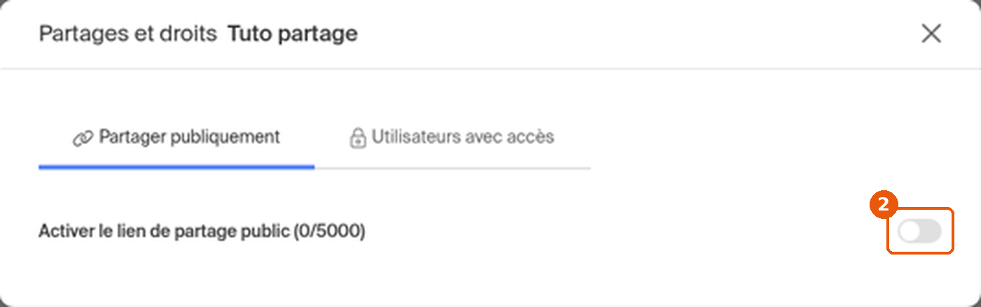 Fenêtre Partages et droits avec l'interrupteur Activer le lien de partage public