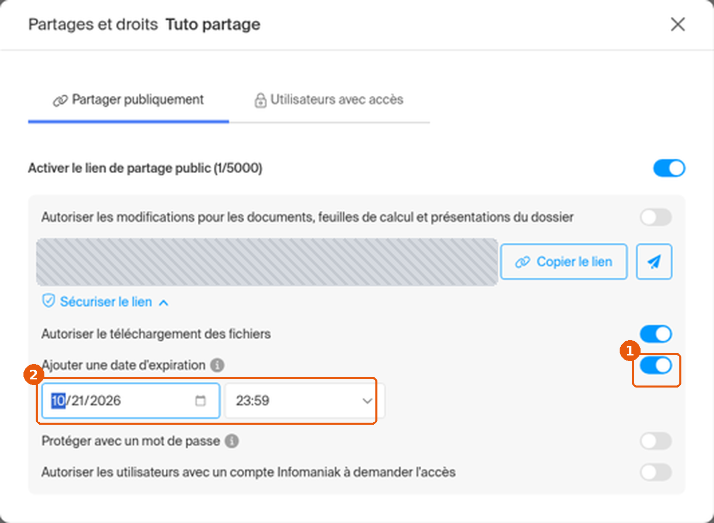 Options Sécuriser le lien avec la date d'expiration renseignée