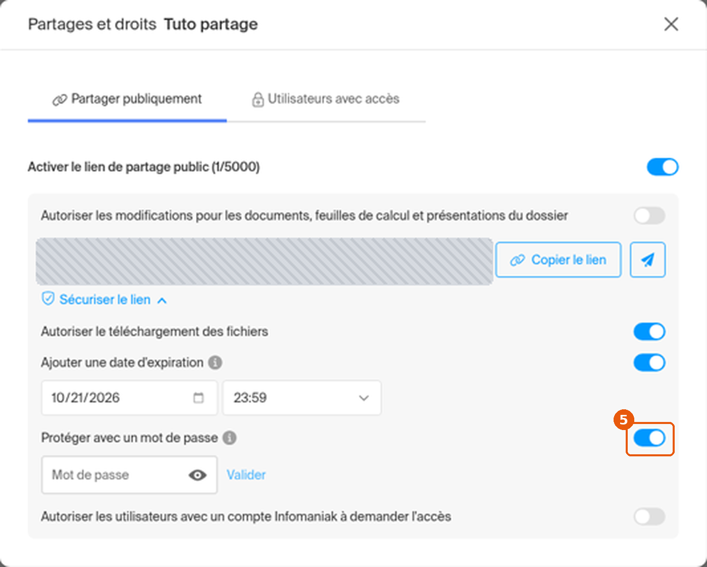 Champ Mot de passe et lien Valider