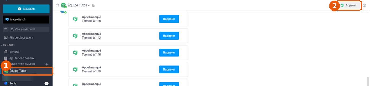 Conversation privée Équipe Tutos ouverte dans MESSAGES PERSONNELS et bouton Appeler encadrés