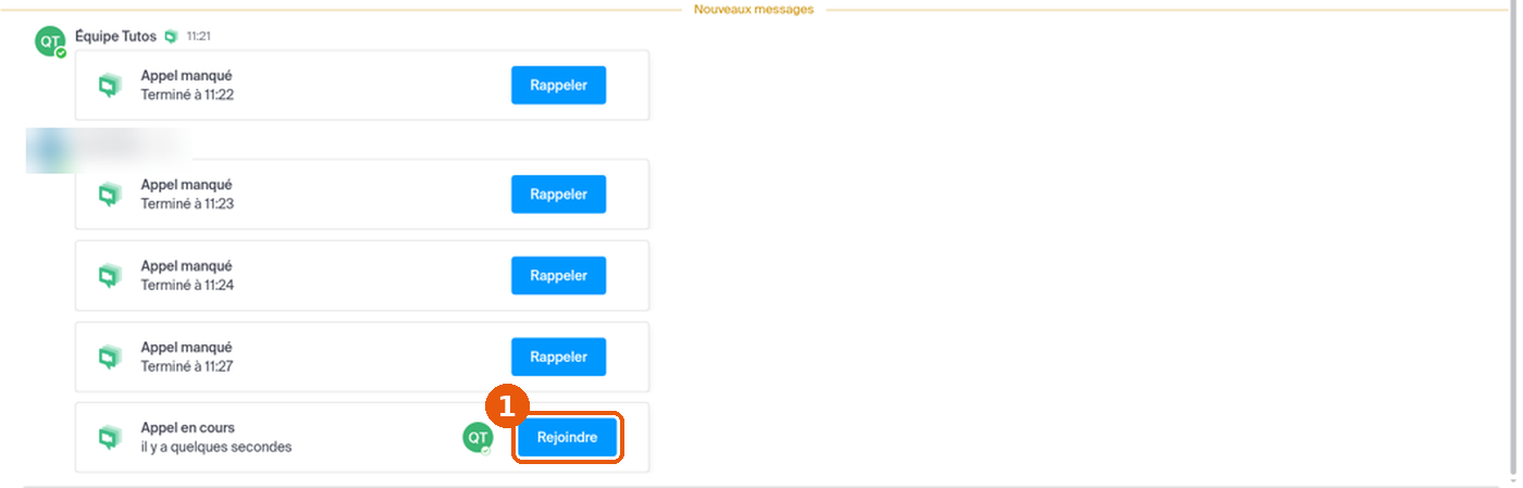 Carte Appel en cours dans la conversation, bouton Rejoindre encadré