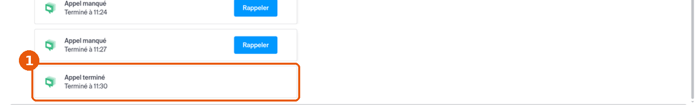 Carte Appel terminé dans la conversation, sous des cartes Appel manqué avec leur bouton Rappeler
