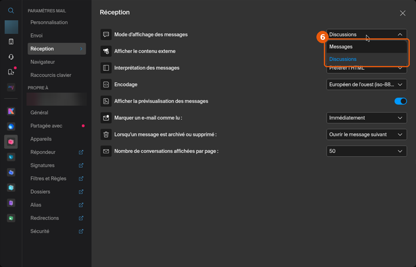 Liste déroulante ouverte avec les choix Messages et Discussions