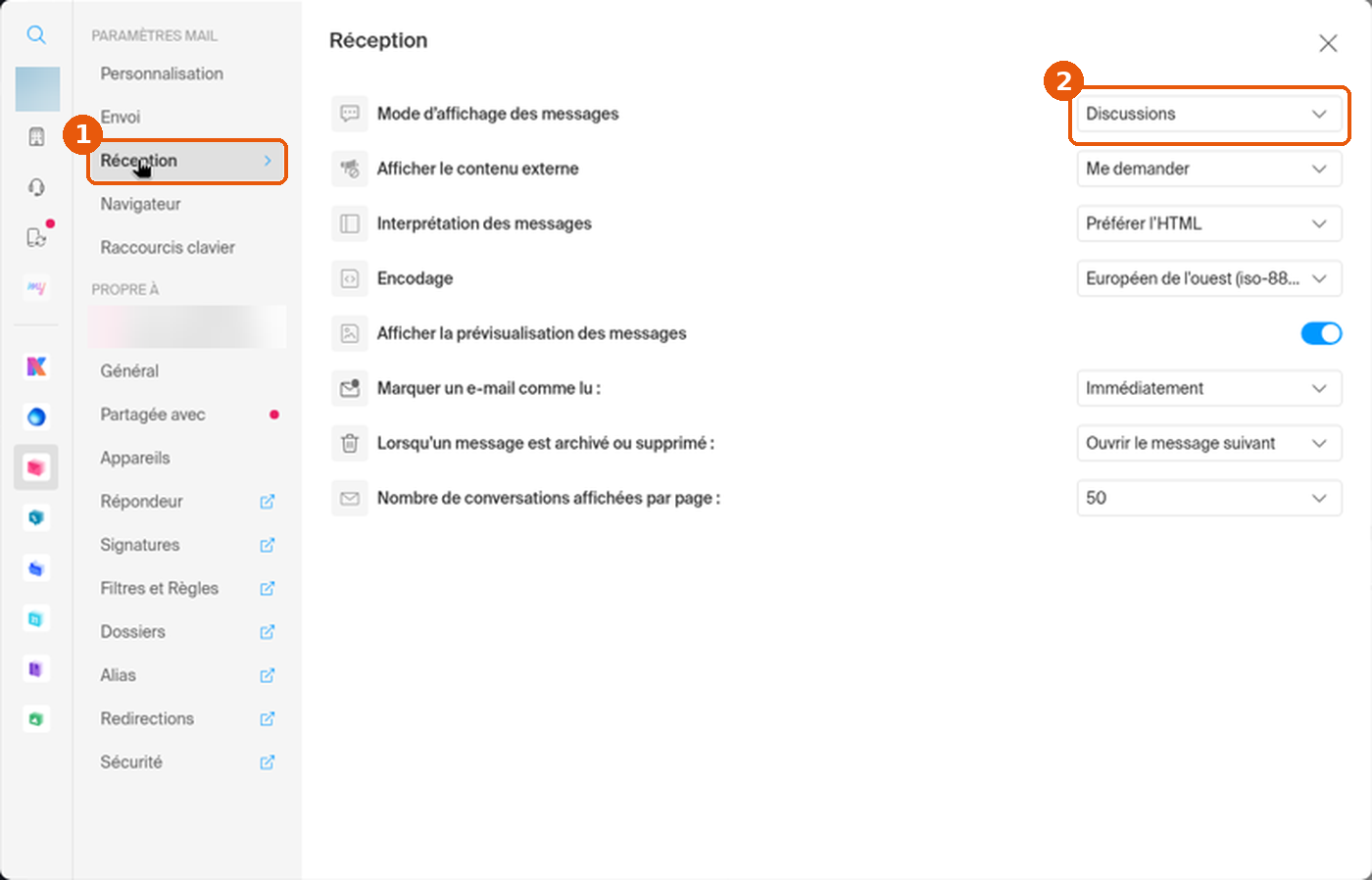 Rubrique Réception avec la liste Mode d'affichage des messages encadrée
