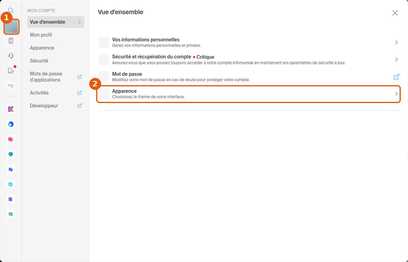 Vue d'ensemble de Mon compte, avatar et ligne Apparence encadrés