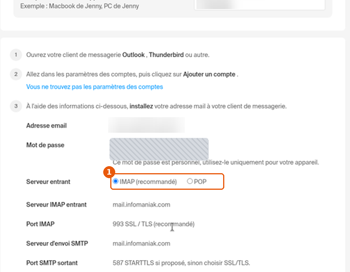 Ligne Serveur entrant avec IMAP recommandé et POP encadrés