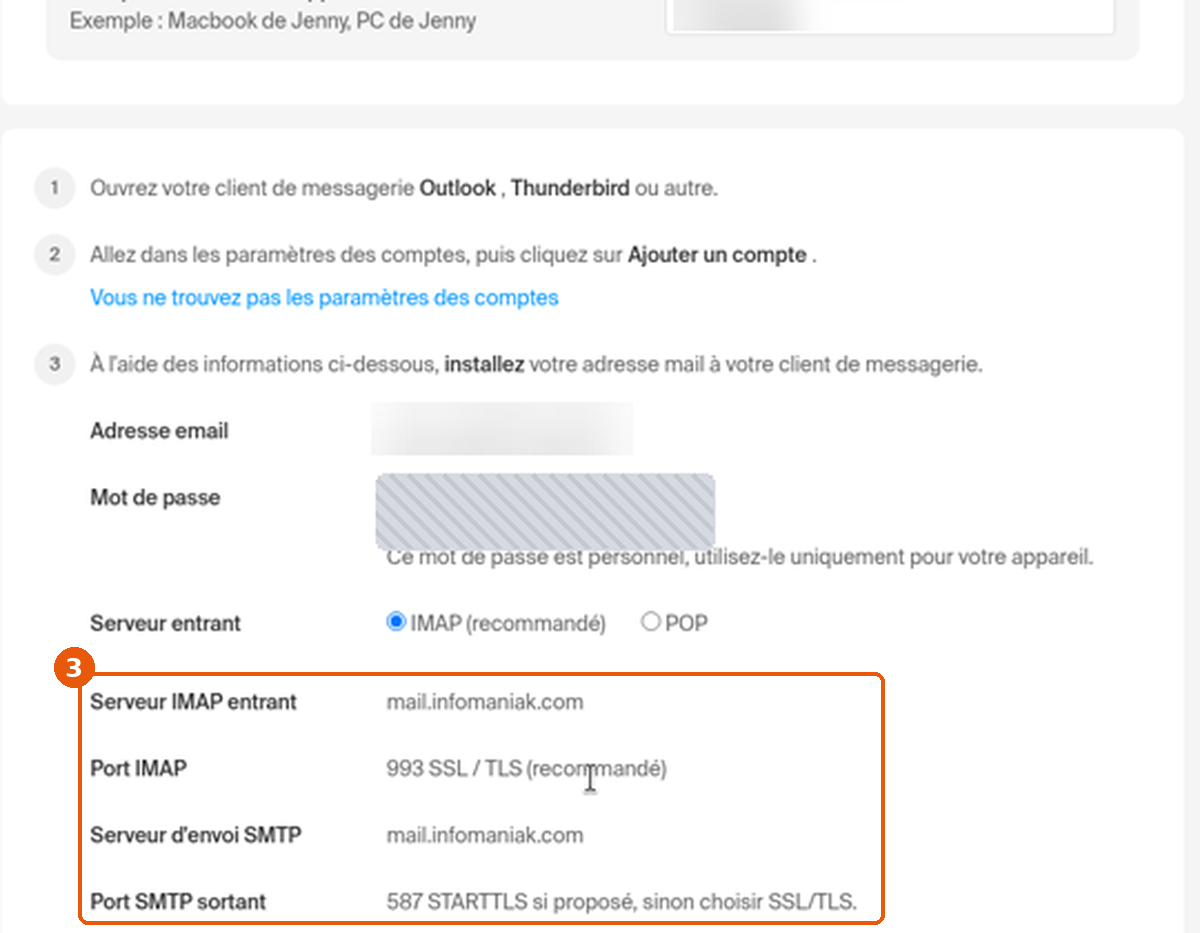 Paramètres IMAP et SMTP de l'assistant encadrés