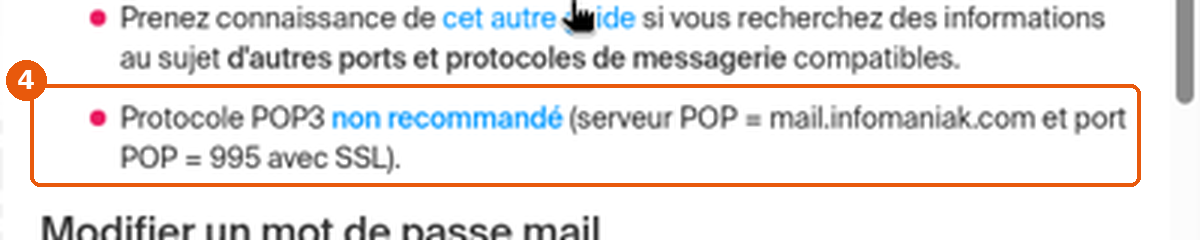 Ligne Protocole POP3 non recommandé du guide d'aide encadrée