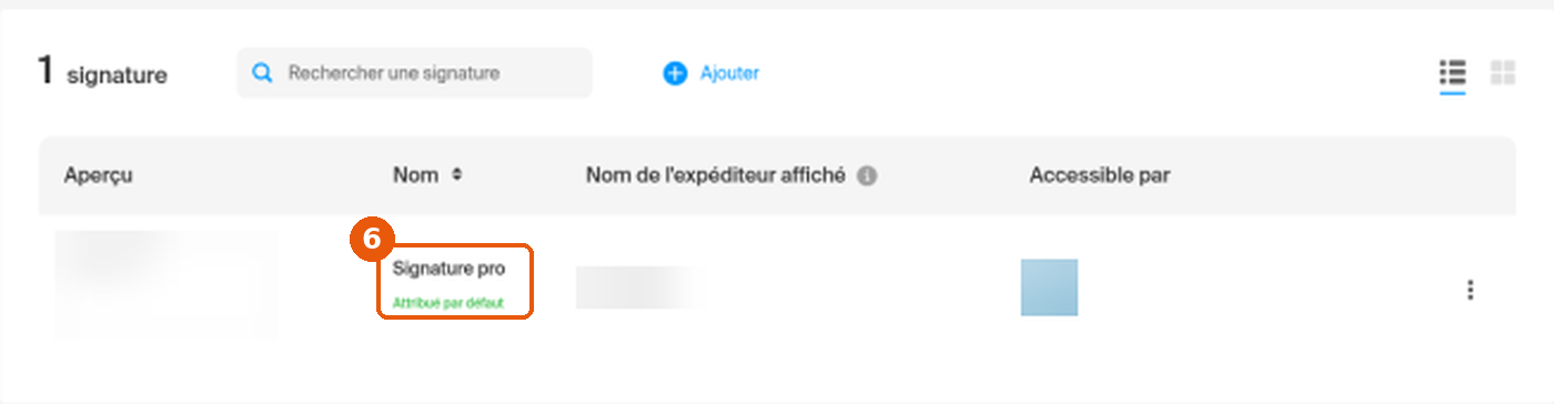 Liste des signatures de Mail : nom de la signature Signature pro encadré (6), aperçu et nom flouté