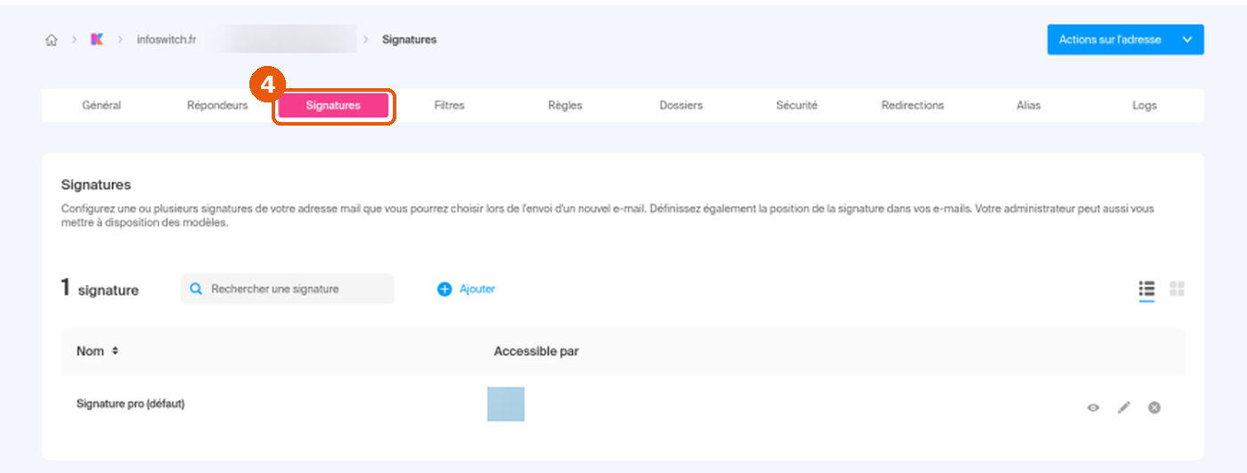 Manager Infomaniak, adresse mail : onglet Signatures encadré (4), adresse floutée
