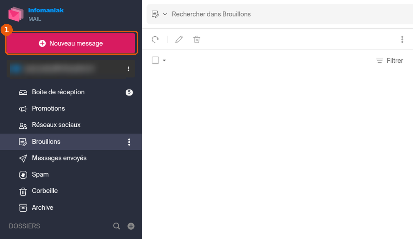 Bouton Nouveau message encadré dans la barre latérale de Mail Infomaniak