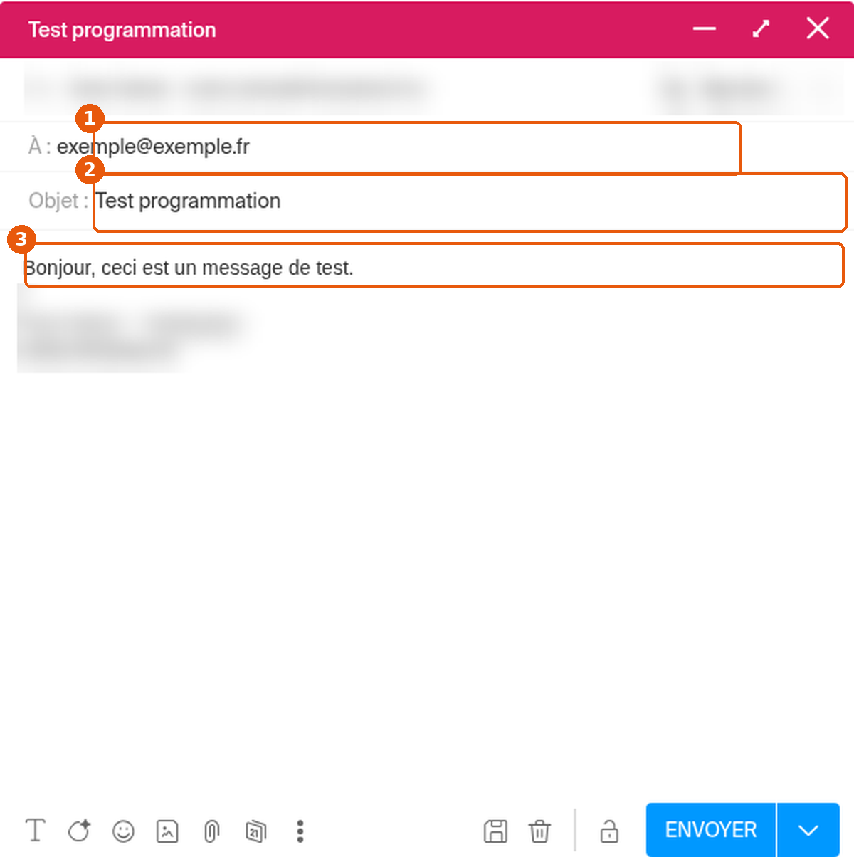 Fenêtre Nouveau message avec les champs À, Objet et le corps du message encadrés