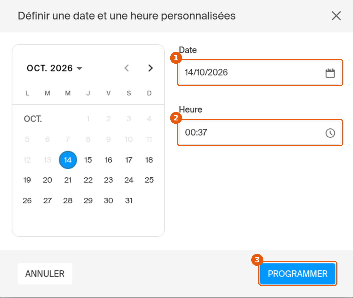Fenêtre Définir une date et une heure personnalisées avec les champs Date, Heure et le bouton Programmer encadrés
