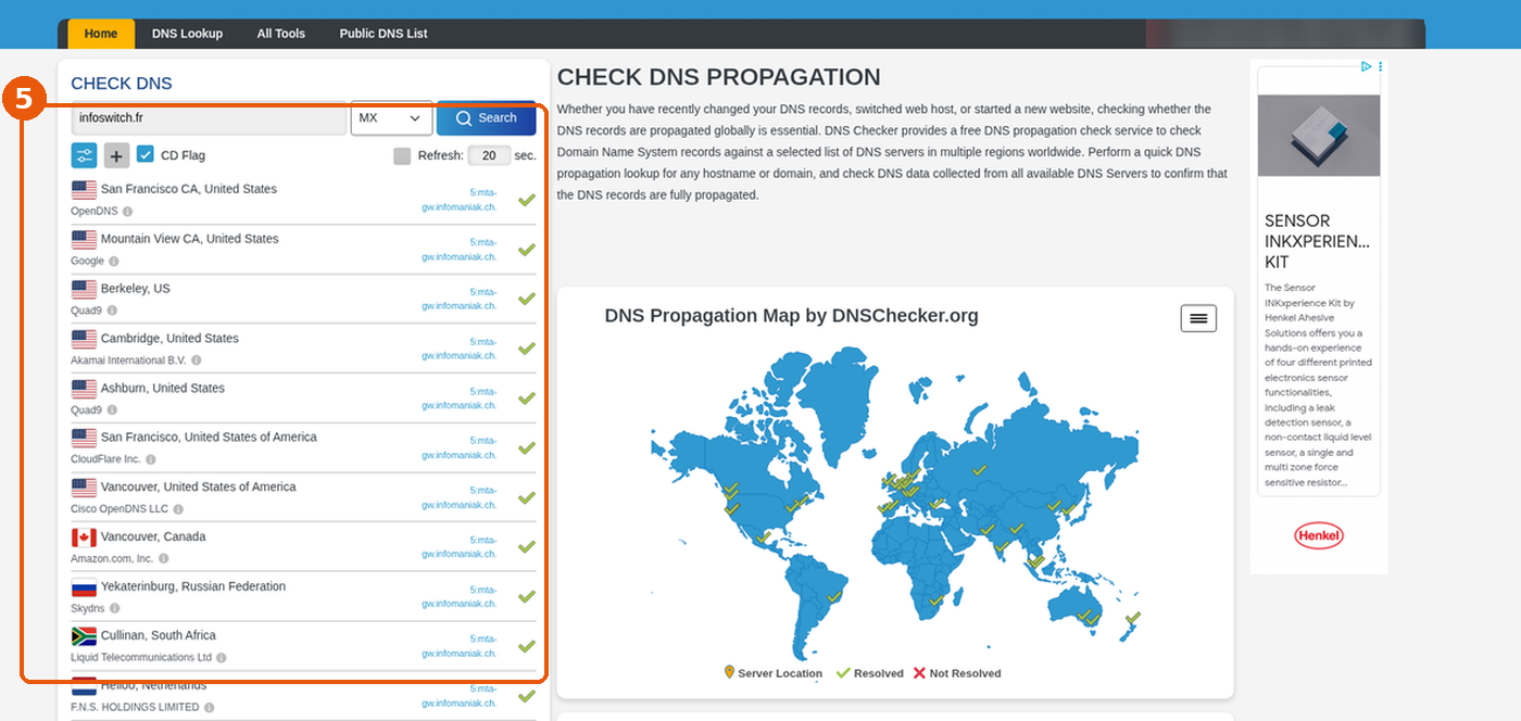 dnschecker.org, recherche MX de infoswitch.fr : tous les serveurs affichent 5:mta-gw.infomaniak.ch avec une coche verte