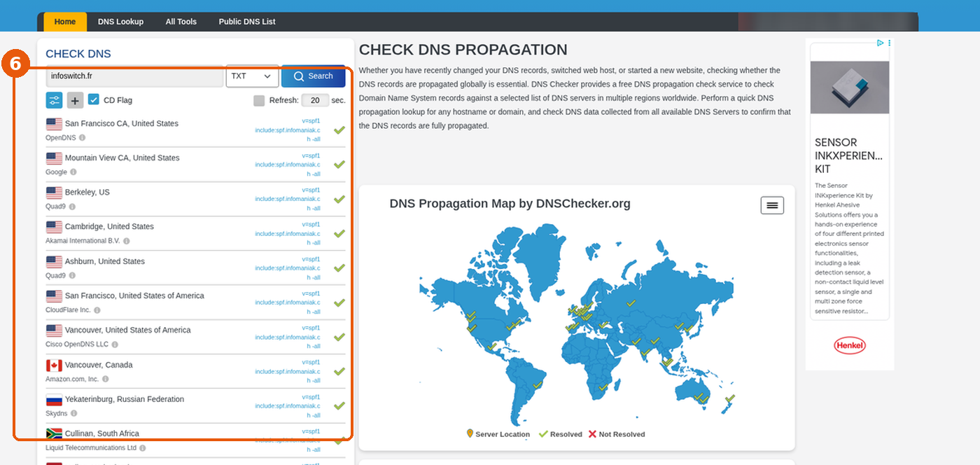 dnschecker.org, recherche TXT de infoswitch.fr : tous les serveurs affichent v=spf1 include:spf.infomaniak.ch -all