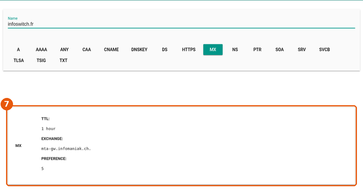 Google Admin Toolbox Dig, résultat MX : TTL 1 hour, EXCHANGE mta-gw.infomaniak.ch, PREFERENCE 5