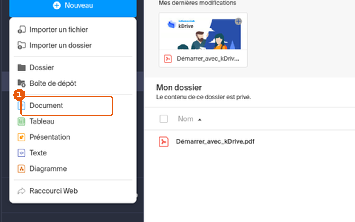 Menu Nouveau de kDrive ouvert, option Document encadrée