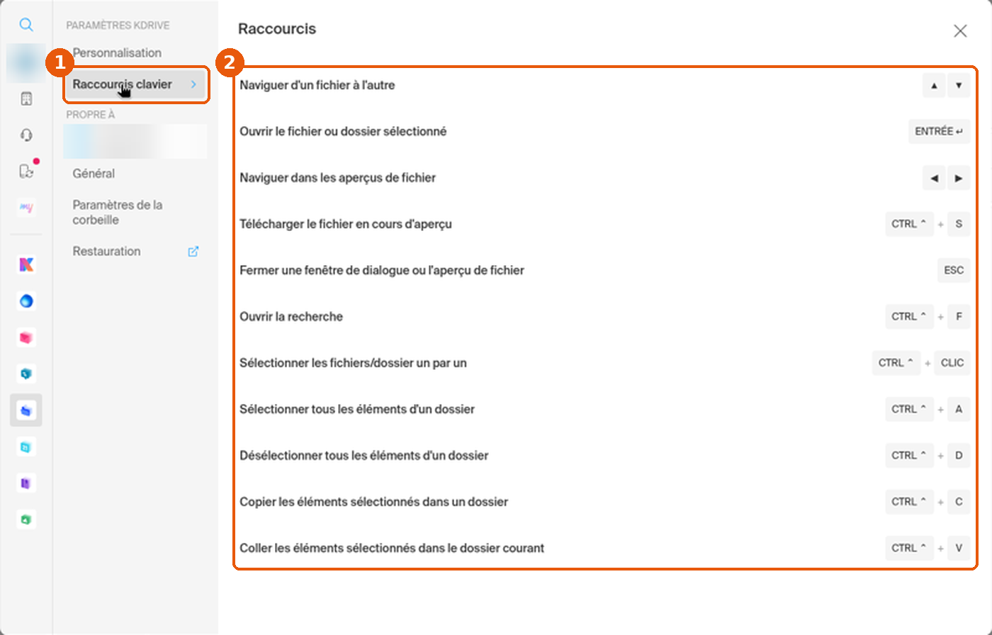 Paramètres kDrive, page Raccourcis clavier avec la liste des raccourcis