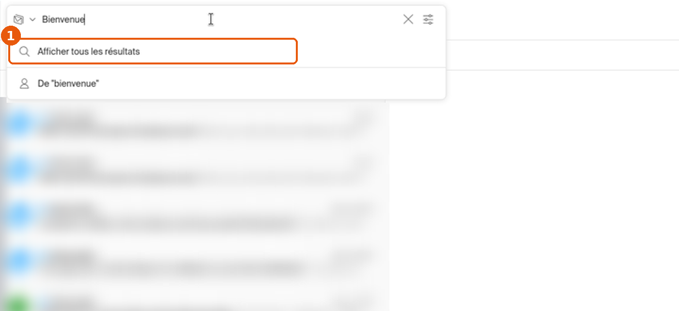 Barre de recherche avec un mot-clé saisi et la suggestion Afficher tous les résultats encadrée