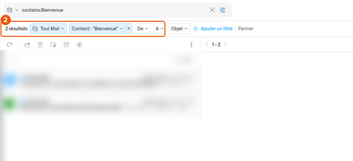 Barre de filtres avec le nombre de résultats et le filtre Contient encadrés