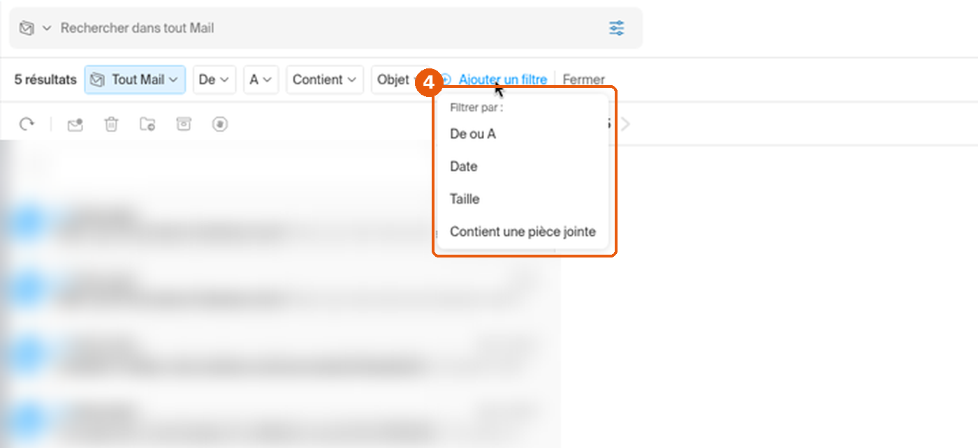 Menu Filtrer par avec les choix De ou A, Date, Taille et Contient une pièce jointe
