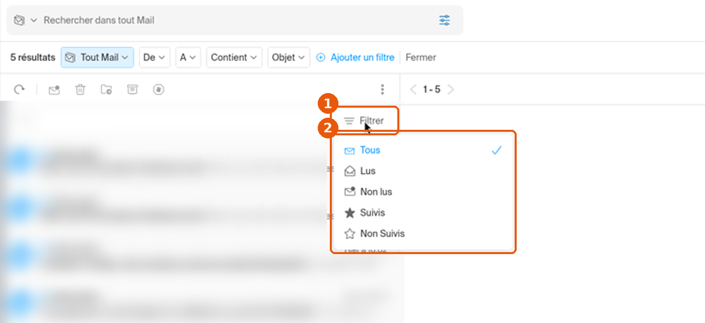 Bouton Filtrer et menu Tous, Lus, Non lus, Suivis, Non Suivis encadrés