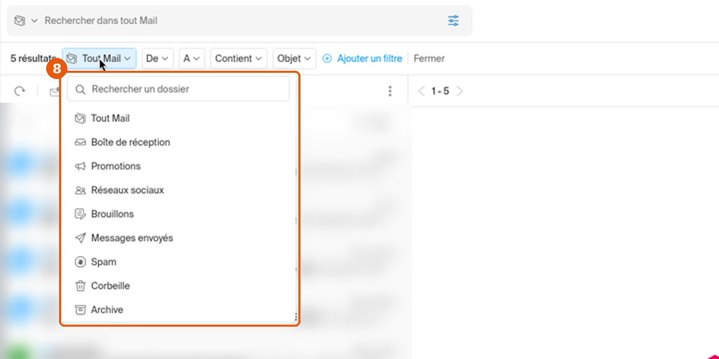 Liste des dossiers ouverte depuis Tout Mail avec le champ Rechercher un dossier
