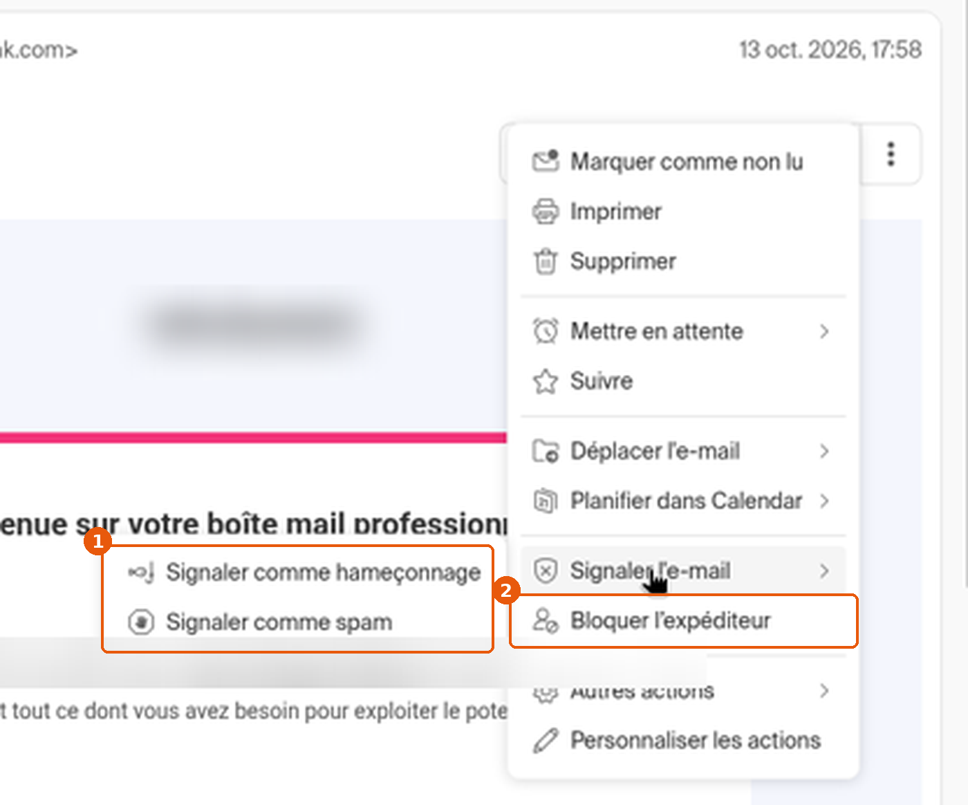 Sous-menu Signaler l'e-mail : Signaler comme hameçonnage, Signaler comme spam, et Bloquer l'expéditeur