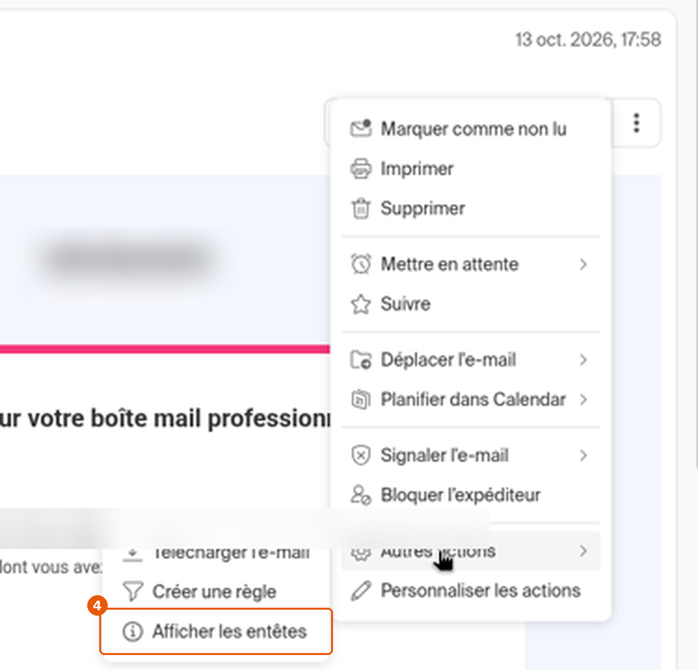 Sous-menu Autres actions avec Afficher les entêtes encadré