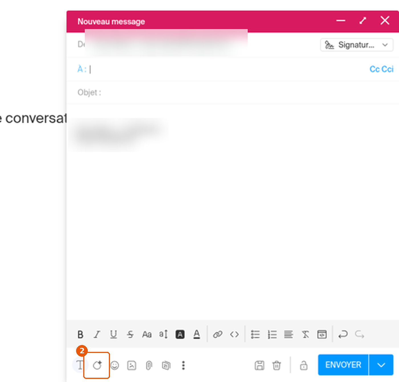 Icône Demander à Euria encadrée dans la barre d'outils du message