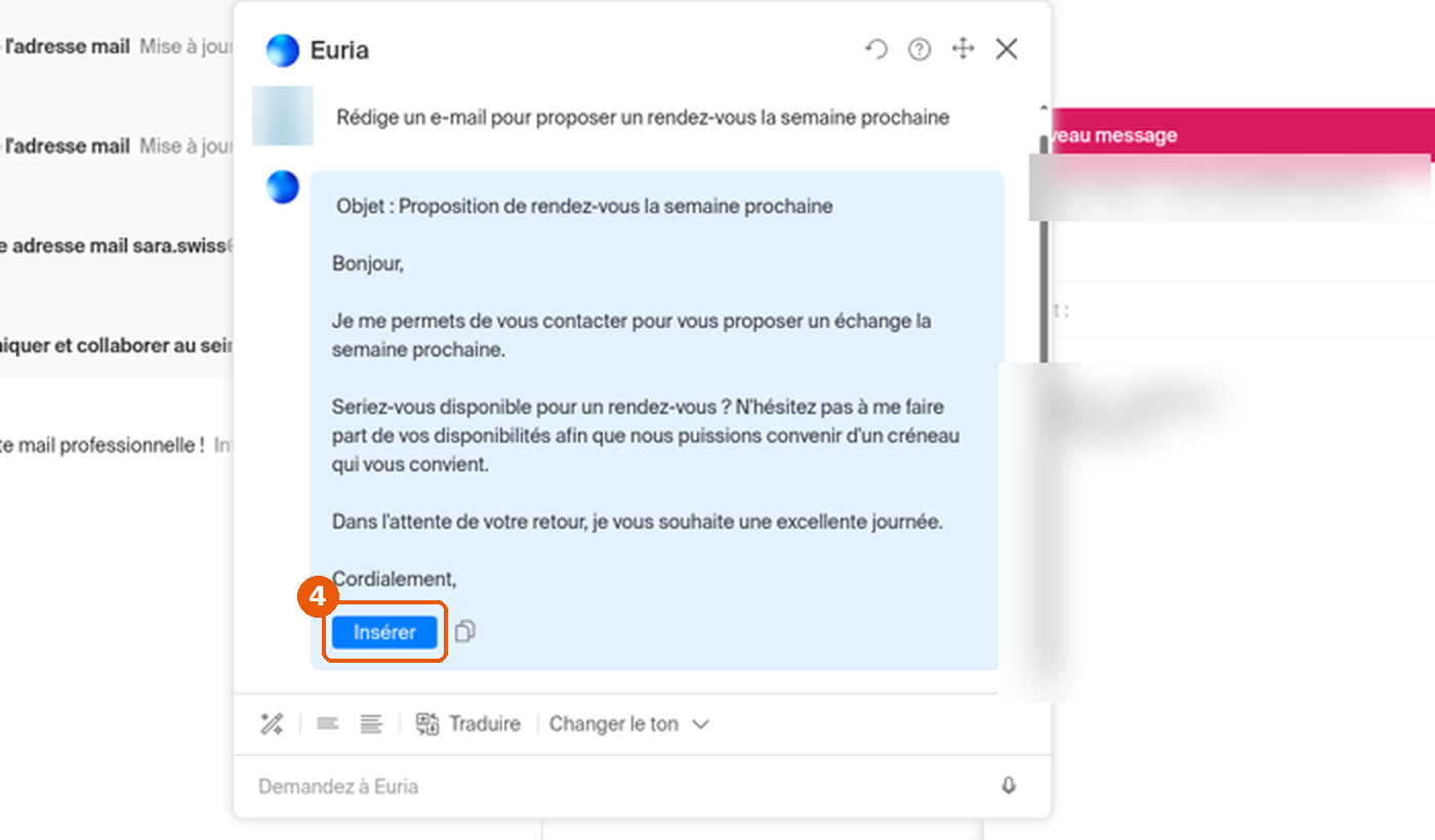 Proposition d'Euria avec le bouton Insérer encadré