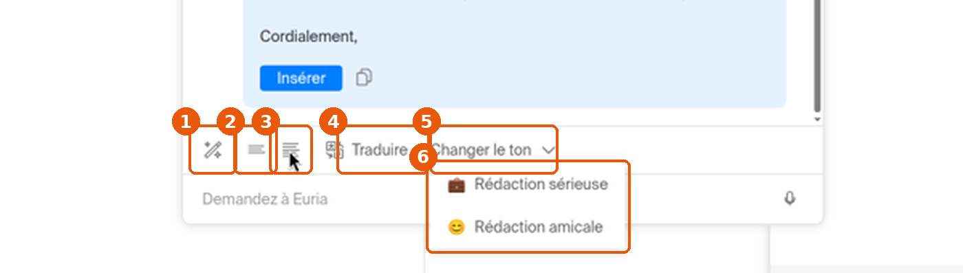 Barre d'outils Euria avec Réécrire, Raccourcir, Rallonger, Traduire et le menu Changer le ton