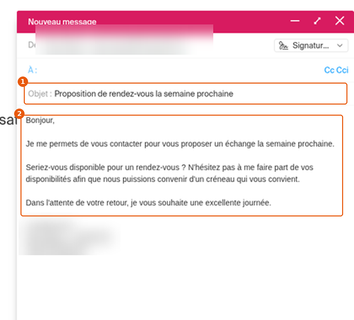 Objet rempli automatiquement et texte inséré dans le nouveau message
