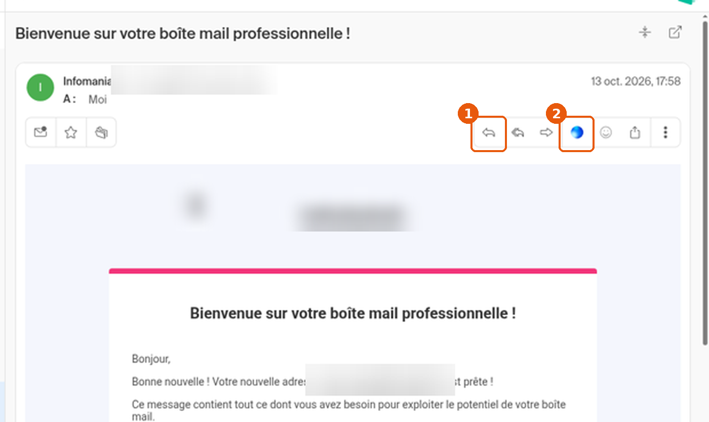 Barre d'actions d'un e-mail reçu avec Répondre et Euria encadrés