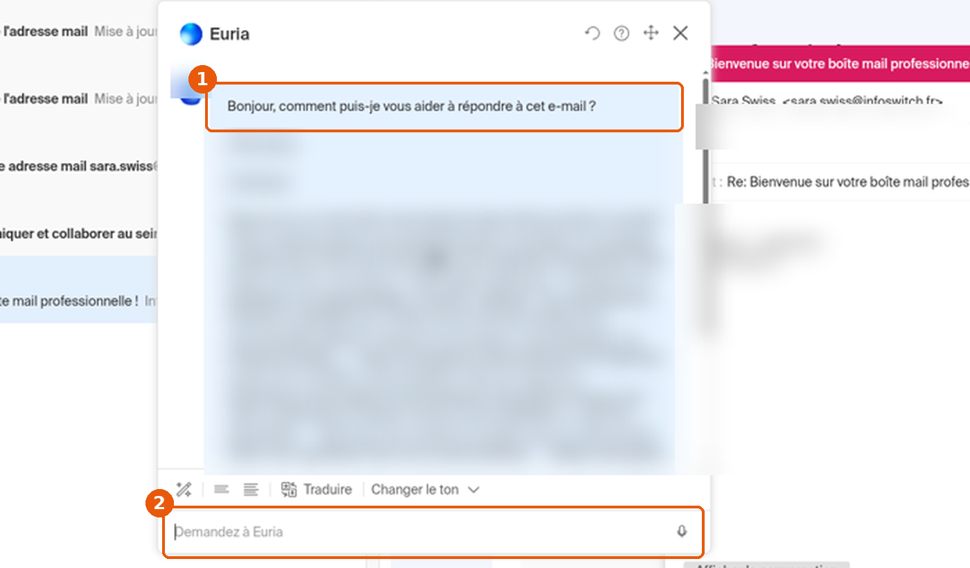 Panneau Euria en mode réponse, avec l'e-mail reçu en contexte et le champ de consigne