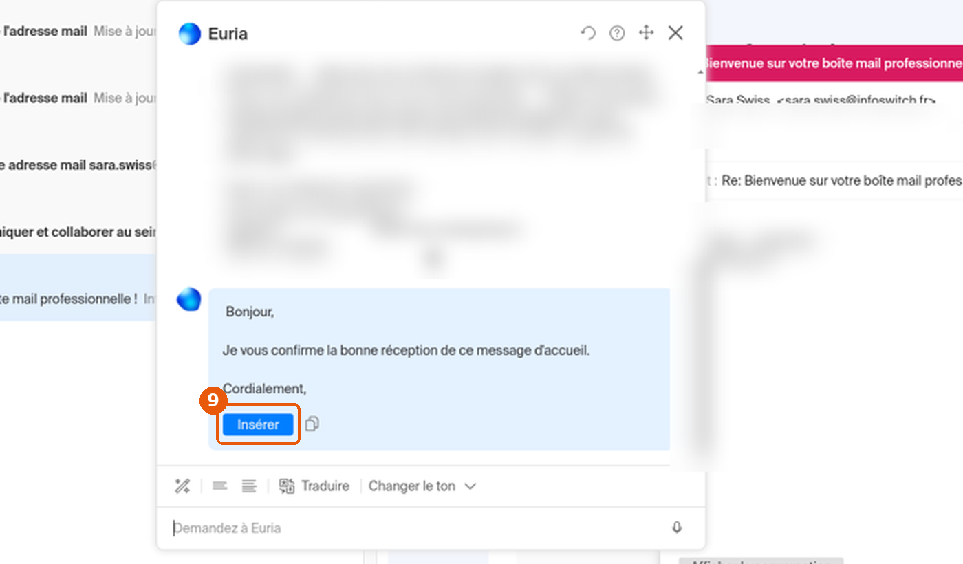 Réponse proposée par Euria avec le bouton Insérer encadré