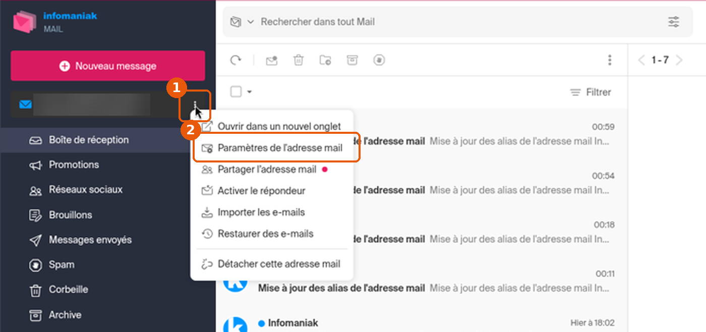 Menu trois points à côté de l'adresse dans Mail, entrée Paramètres de l'adresse mail encadrée