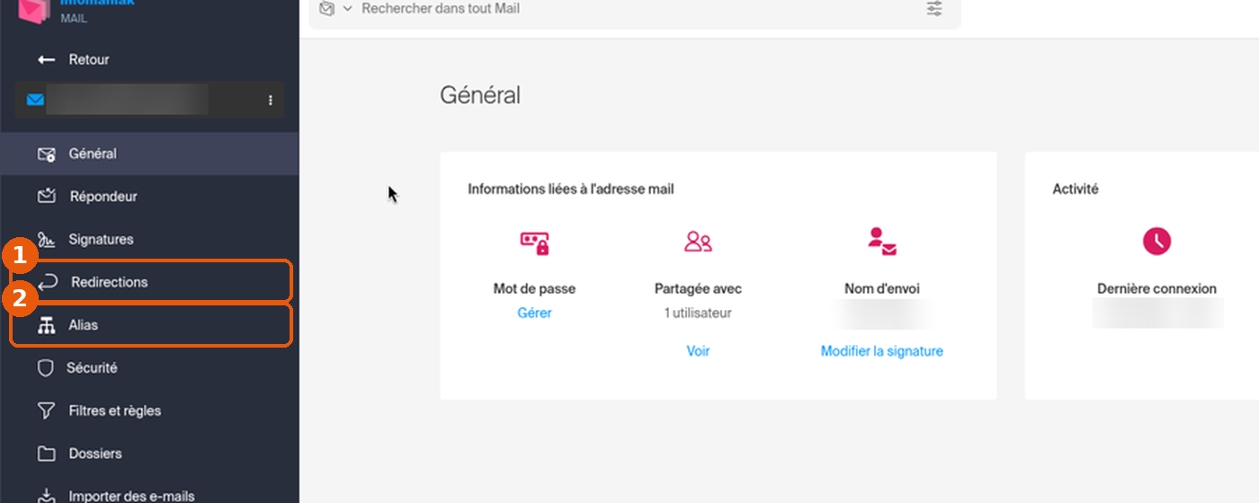 Menu des paramètres de l'adresse, entrées Redirections et Alias encadrées